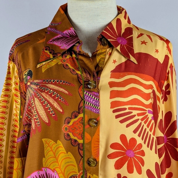 FARM Rio Button Front Long Sleeve Oversized Forest Mixed Scarves Multi M NWT - Picture 3 of 16